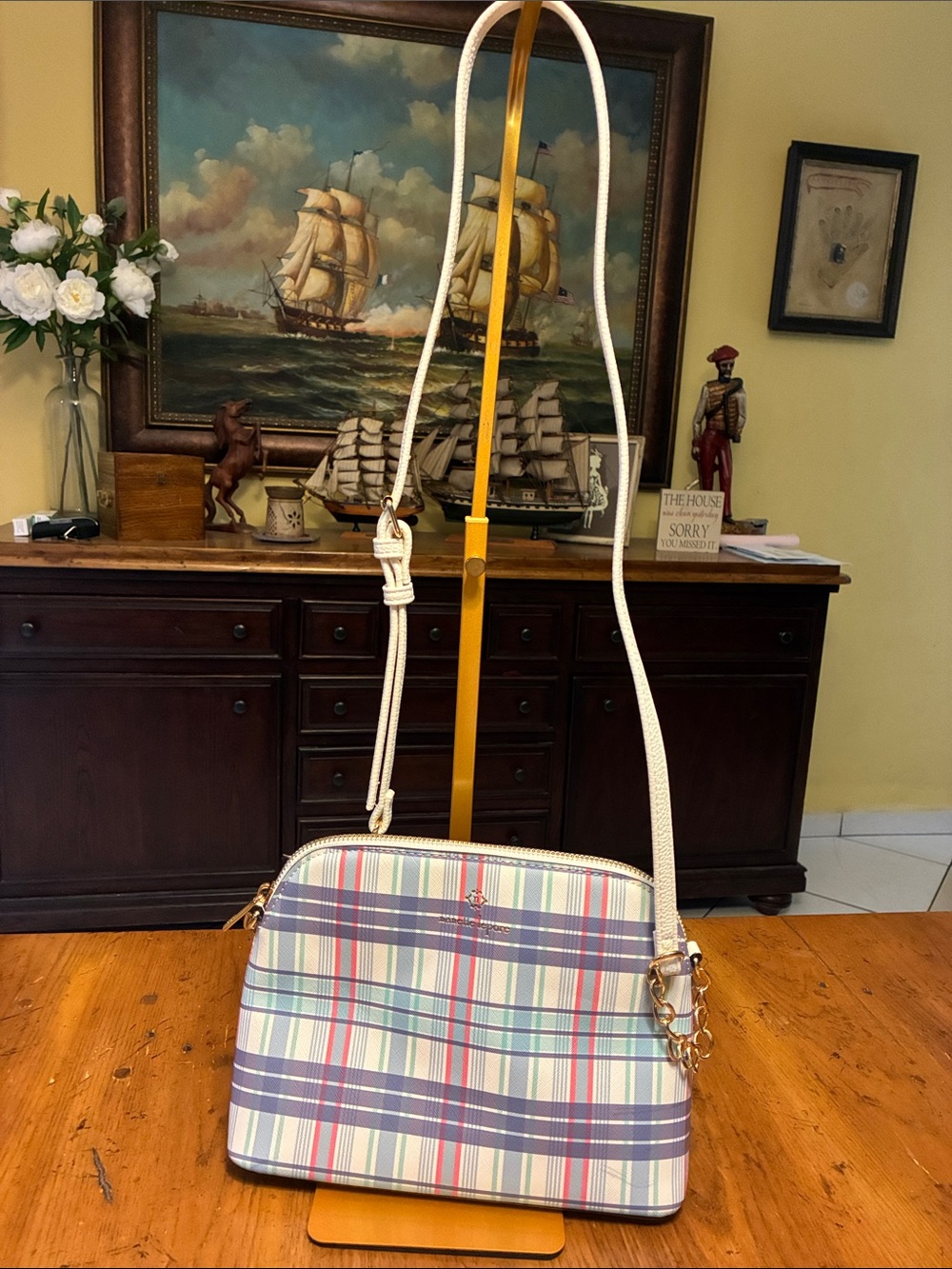 Nanette Lepore Multicolor Plaid Crossbody with White Strap and Gold Hardware